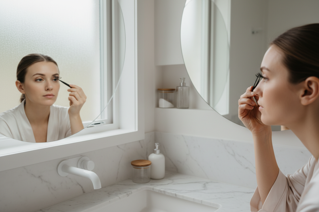 woman installing DIY eyelash extensions at home