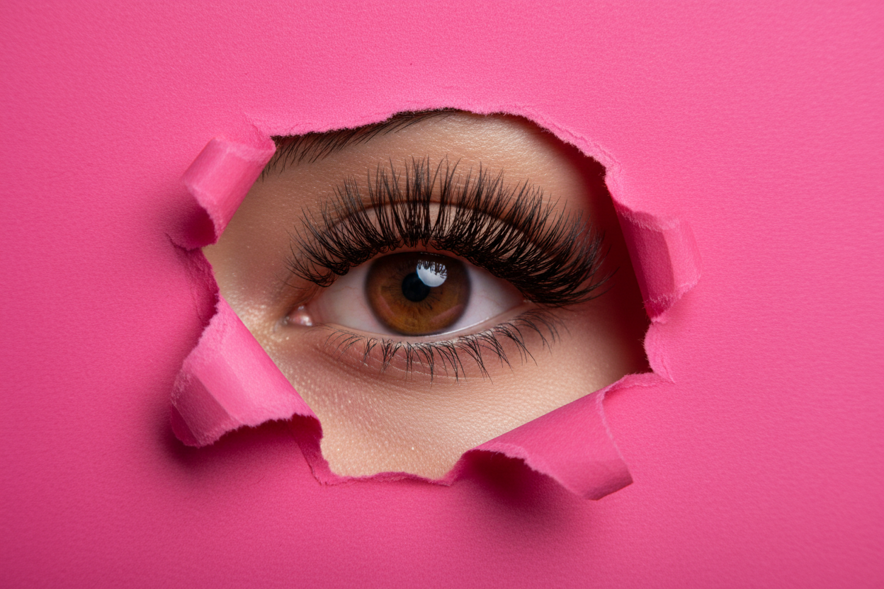 Beautiful eyelash extensions eye looking through a piece of hot pink paper
